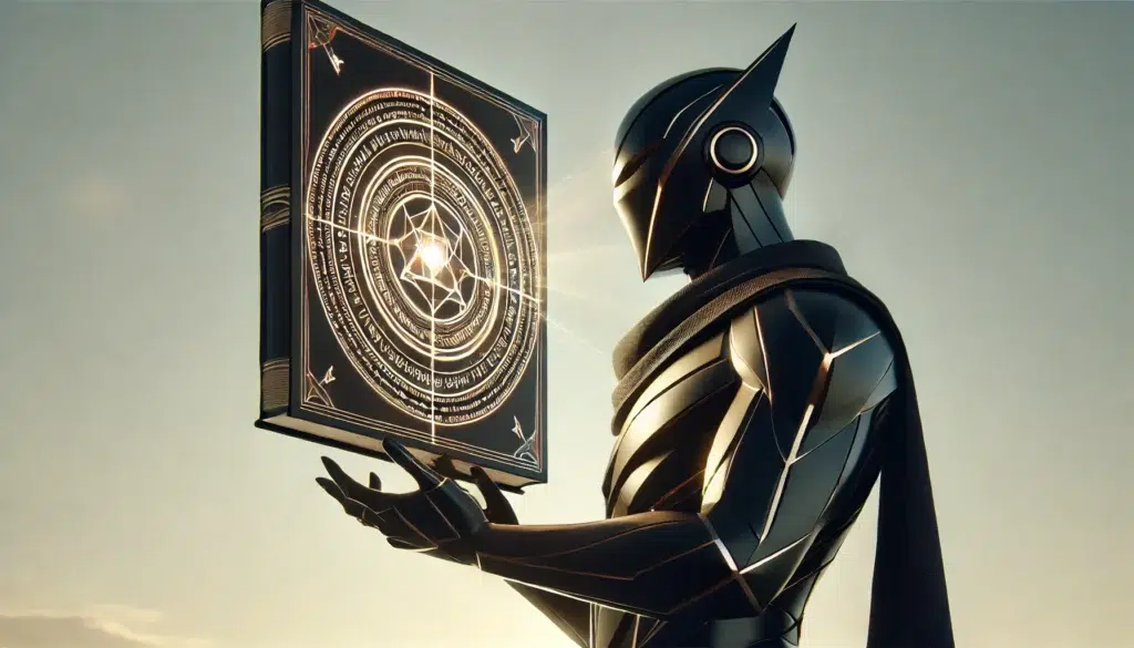 DALL·E 2025-03-15 16.38.48 - A minimalist and high-end depiction of a modern ninja standing against a clear and cloudless sky, reading an ancient secret scripture that grants him